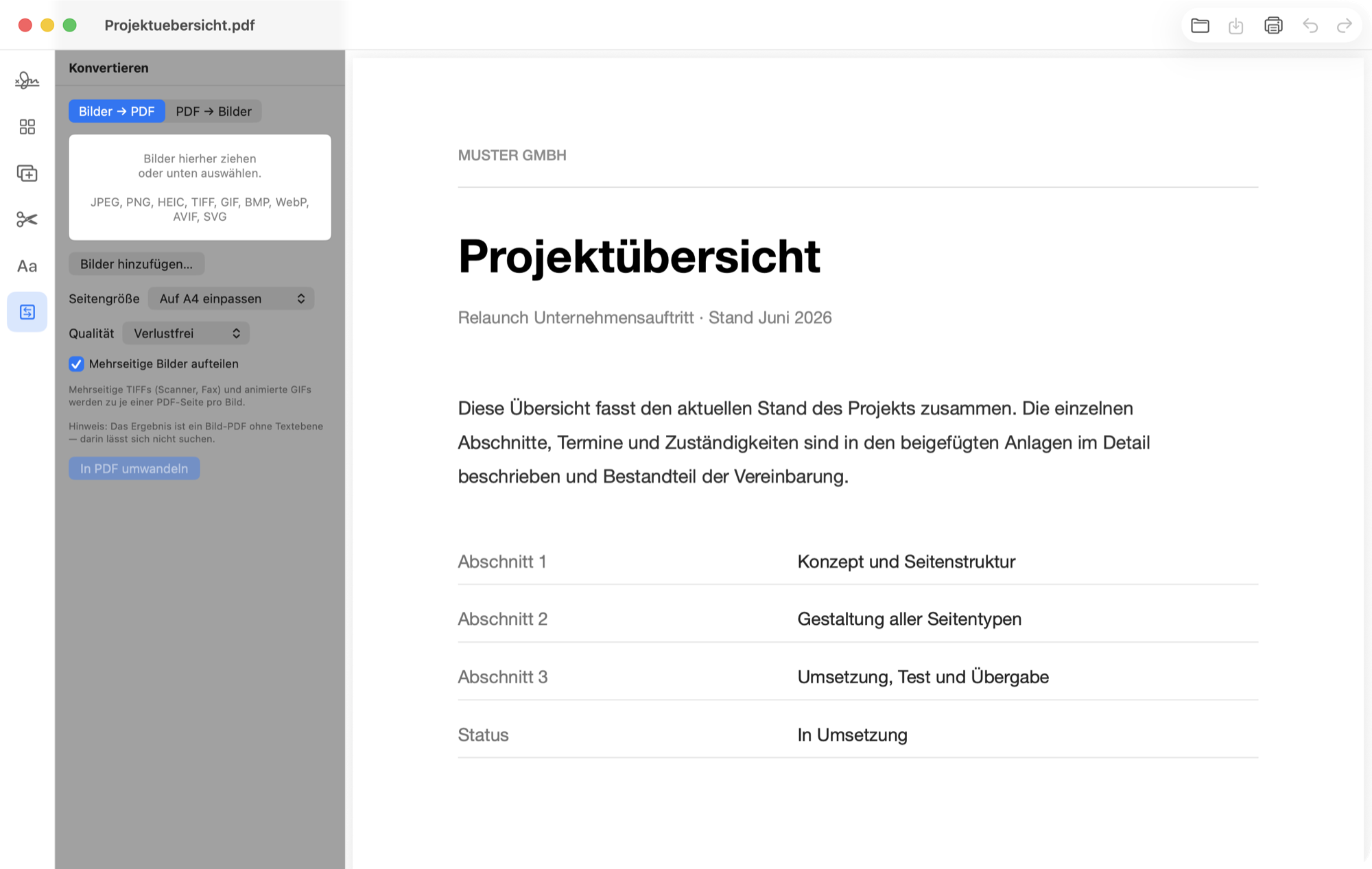 Konvertieren-Panel mit Ablagebereich für Bilder, unterstützten Formaten und Optionen für Seitengröße und Qualität