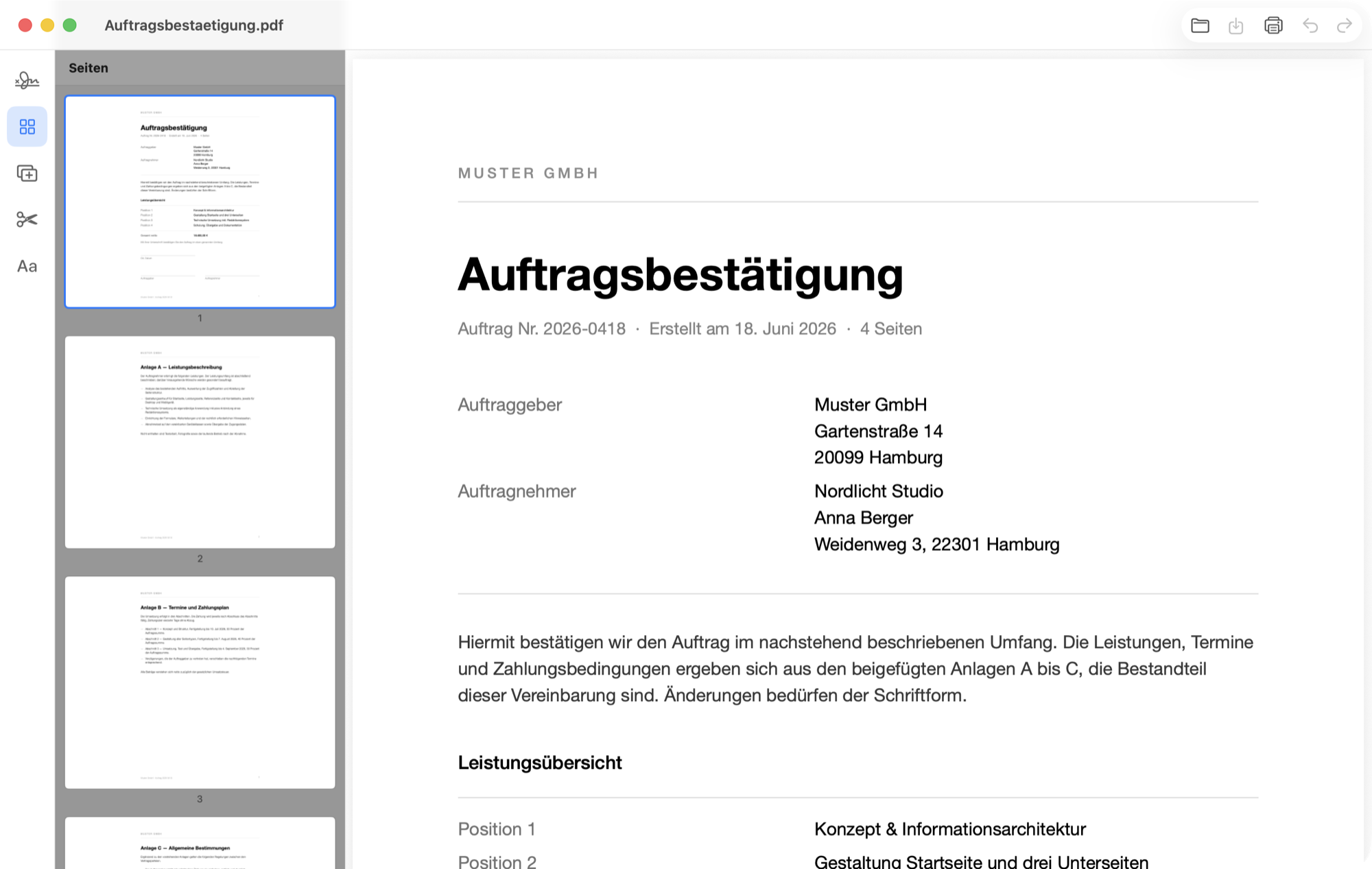 Seiten-Panel mit großer Vorschau aller vier Seiten