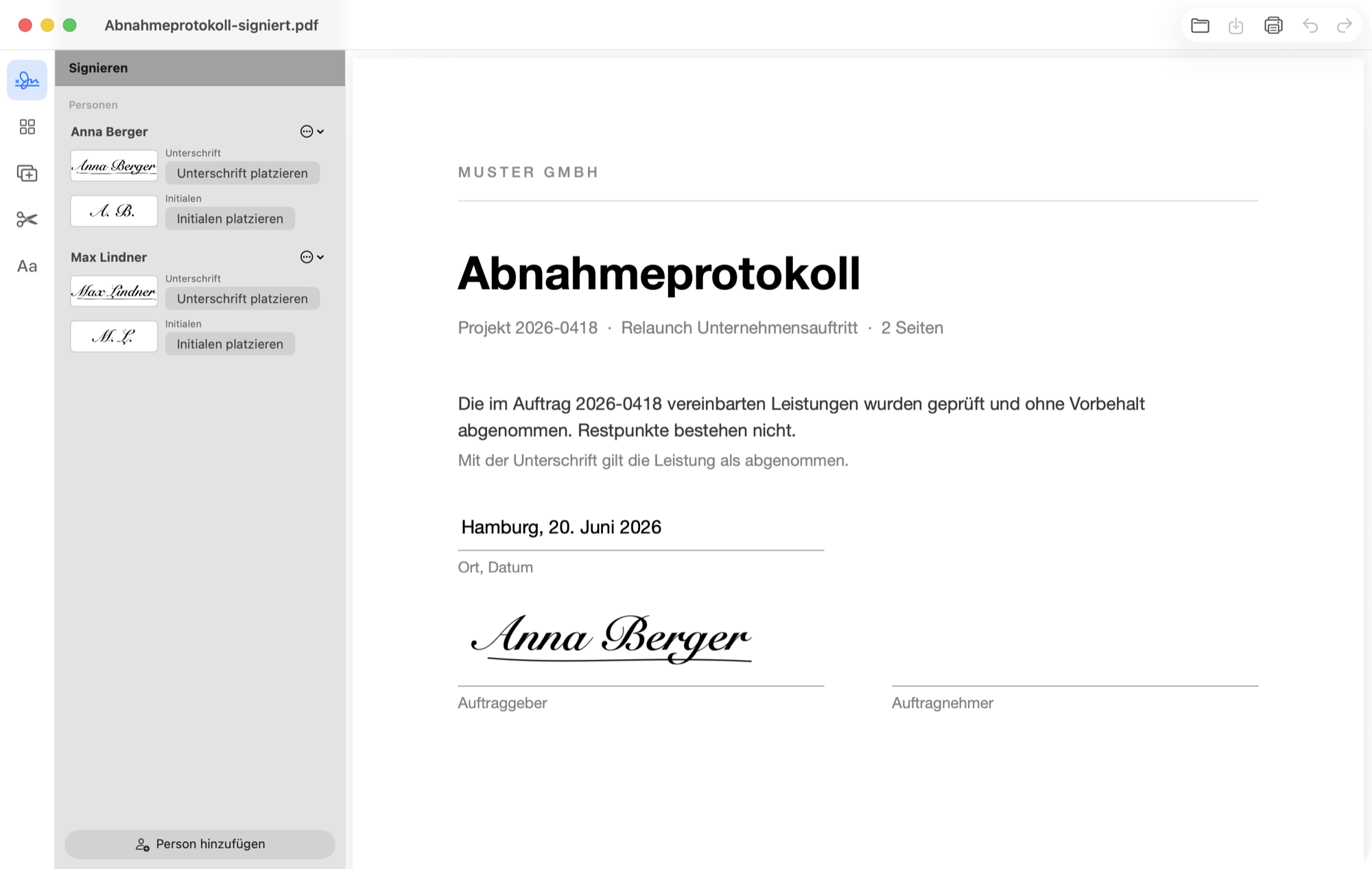 PDFsPDFsPDFs mit zwei angelegten Personen und einer platzierten Unterschrift auf einem Abnahmeprotokoll