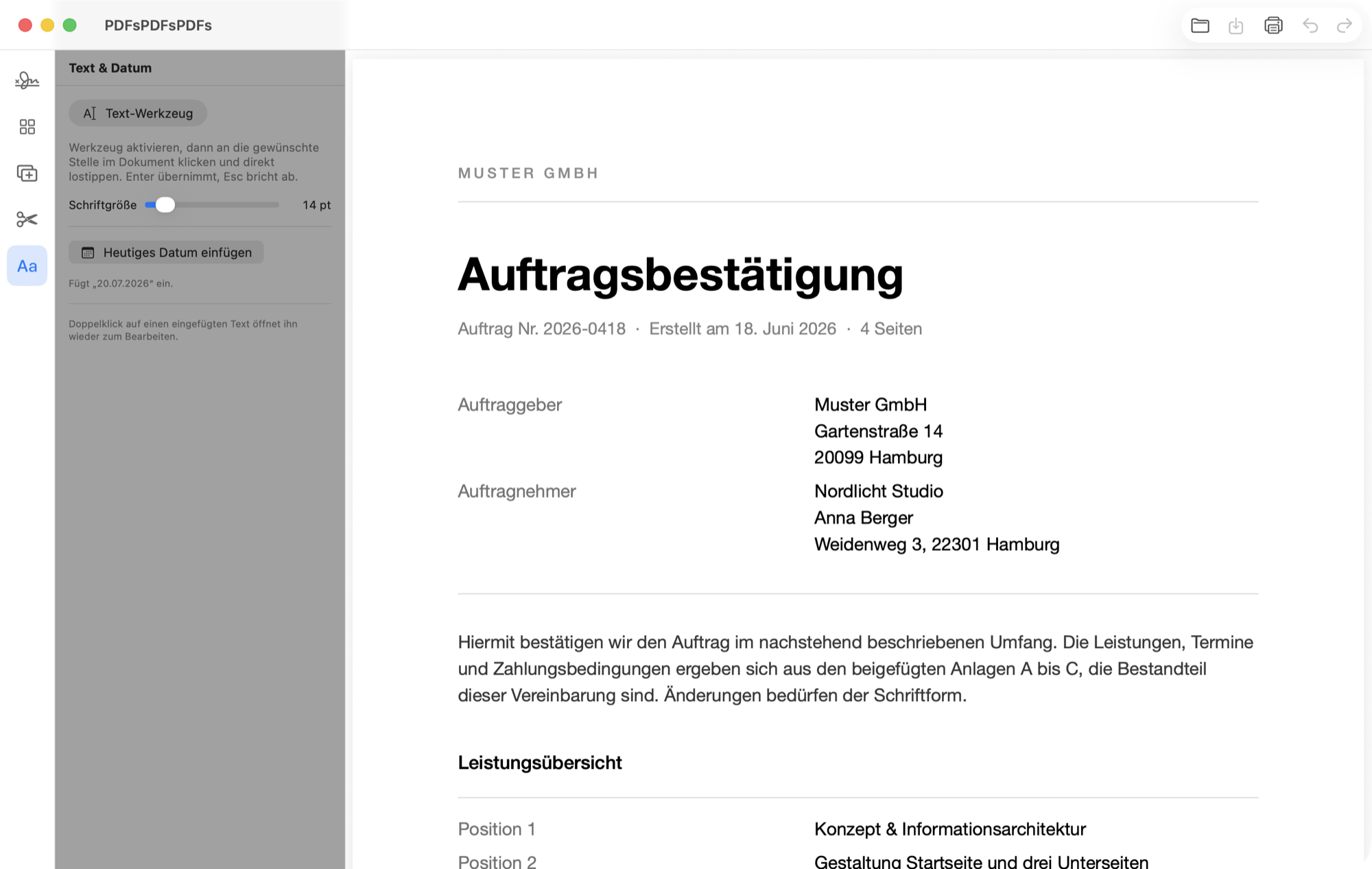 Text-und-Datum-Panel mit geöffnetem Dokument