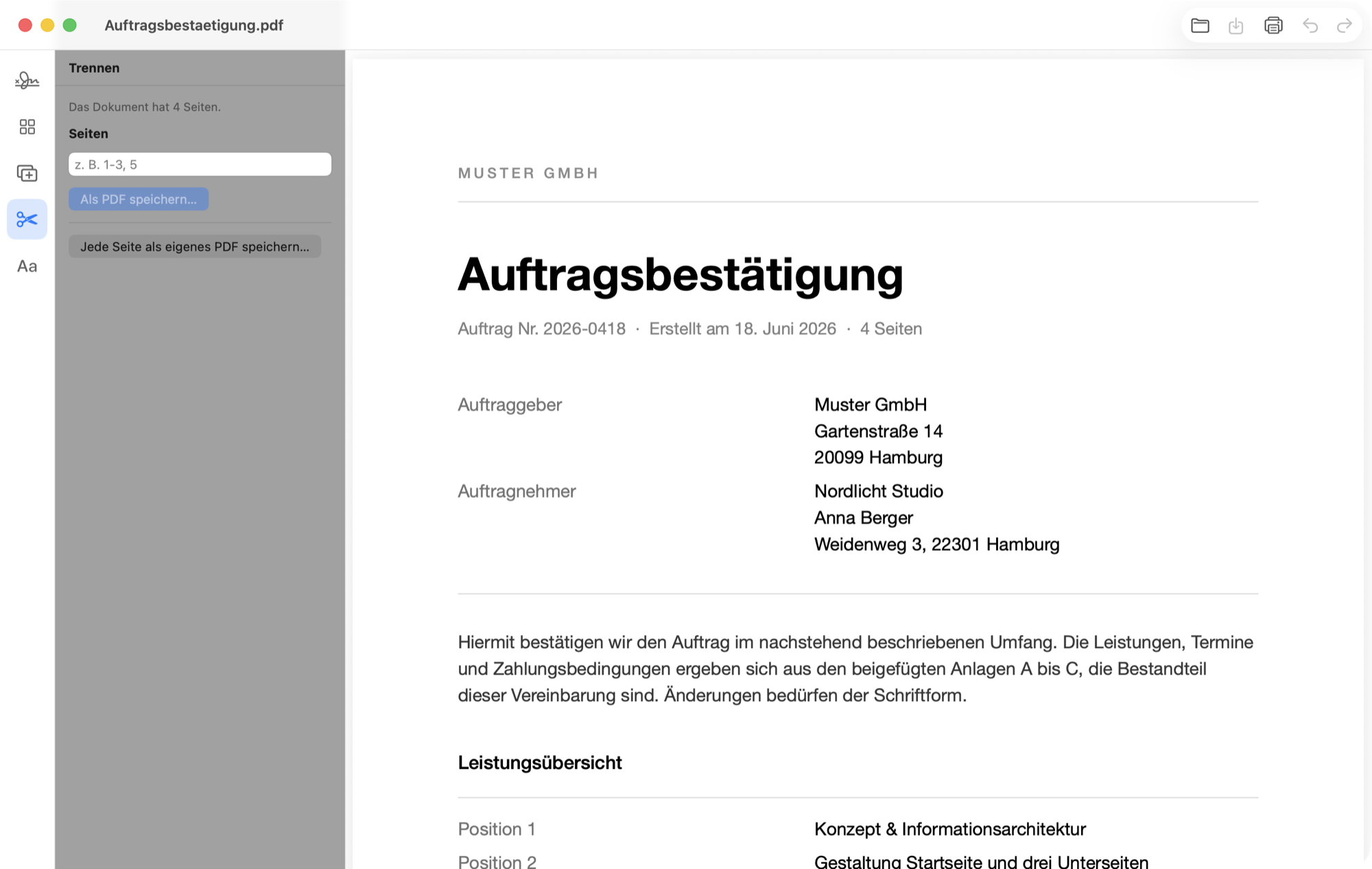 Trennen-Panel mit Eingabefeld für den Seitenbereich