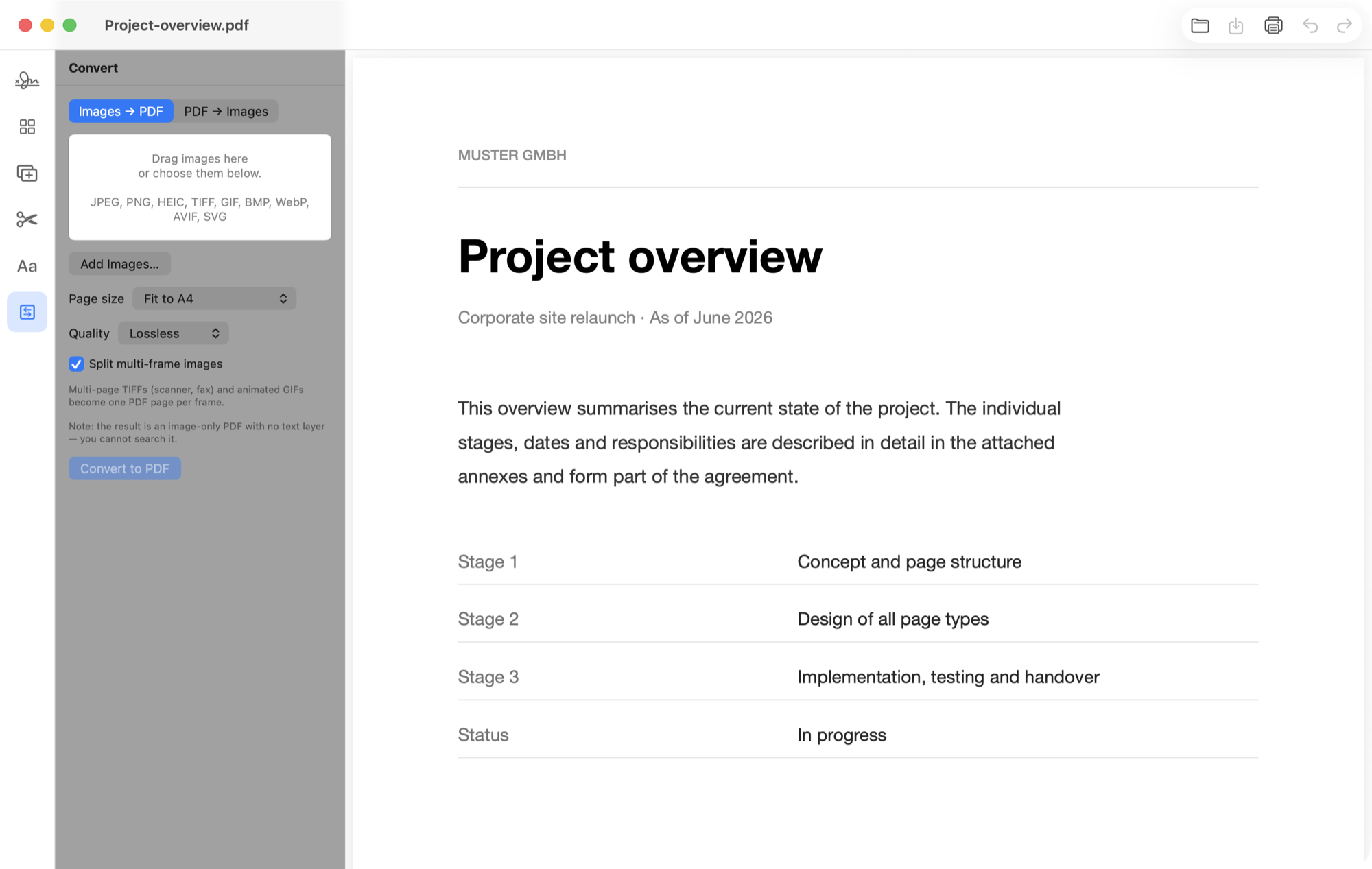Convert panel with an image drop area, supported formats and options for page size and quality