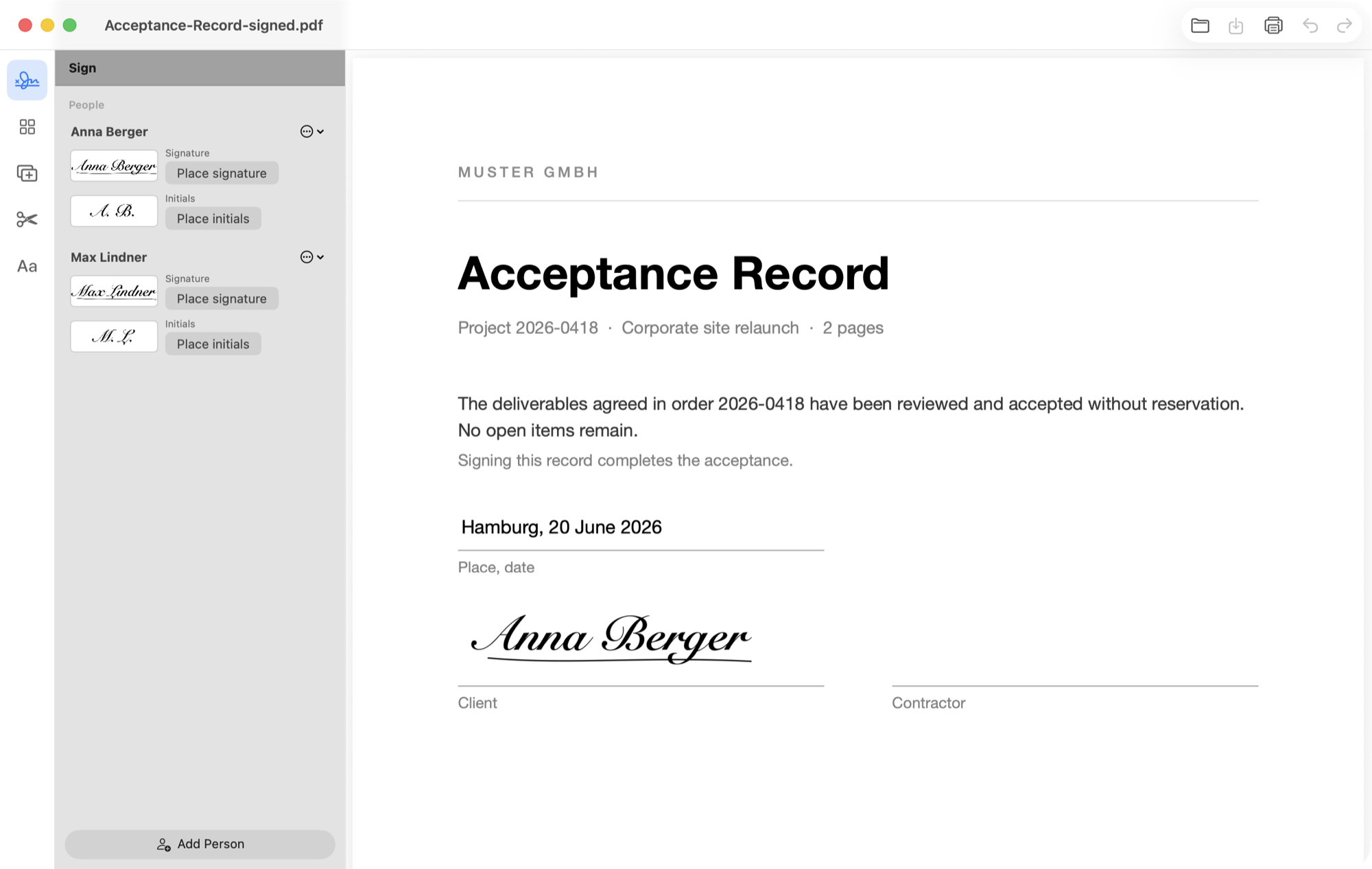 PDFsPDFsPDFs with two saved people and a placed signature on an acceptance record