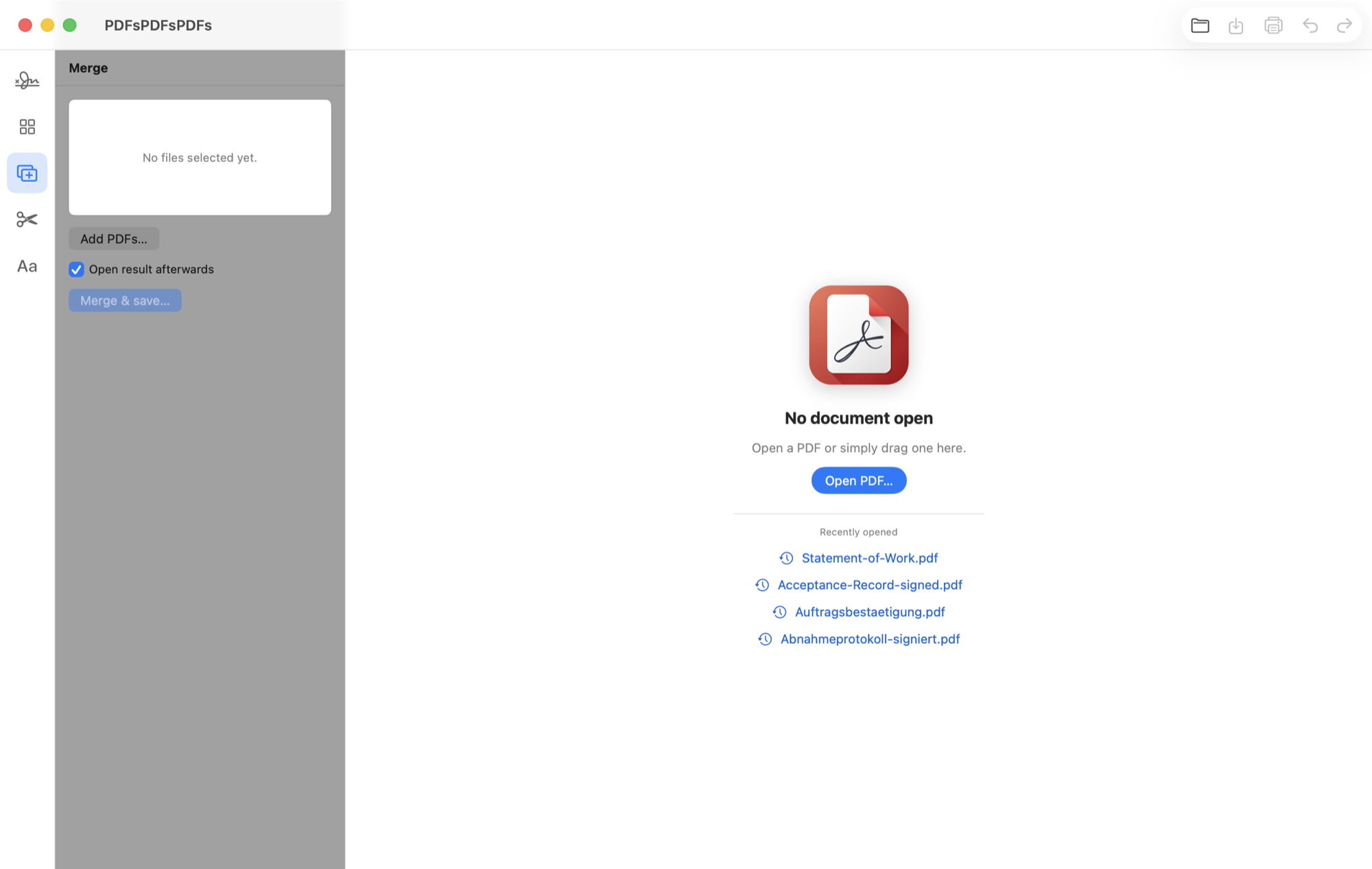 Start screen with the merge panel and recently opened files