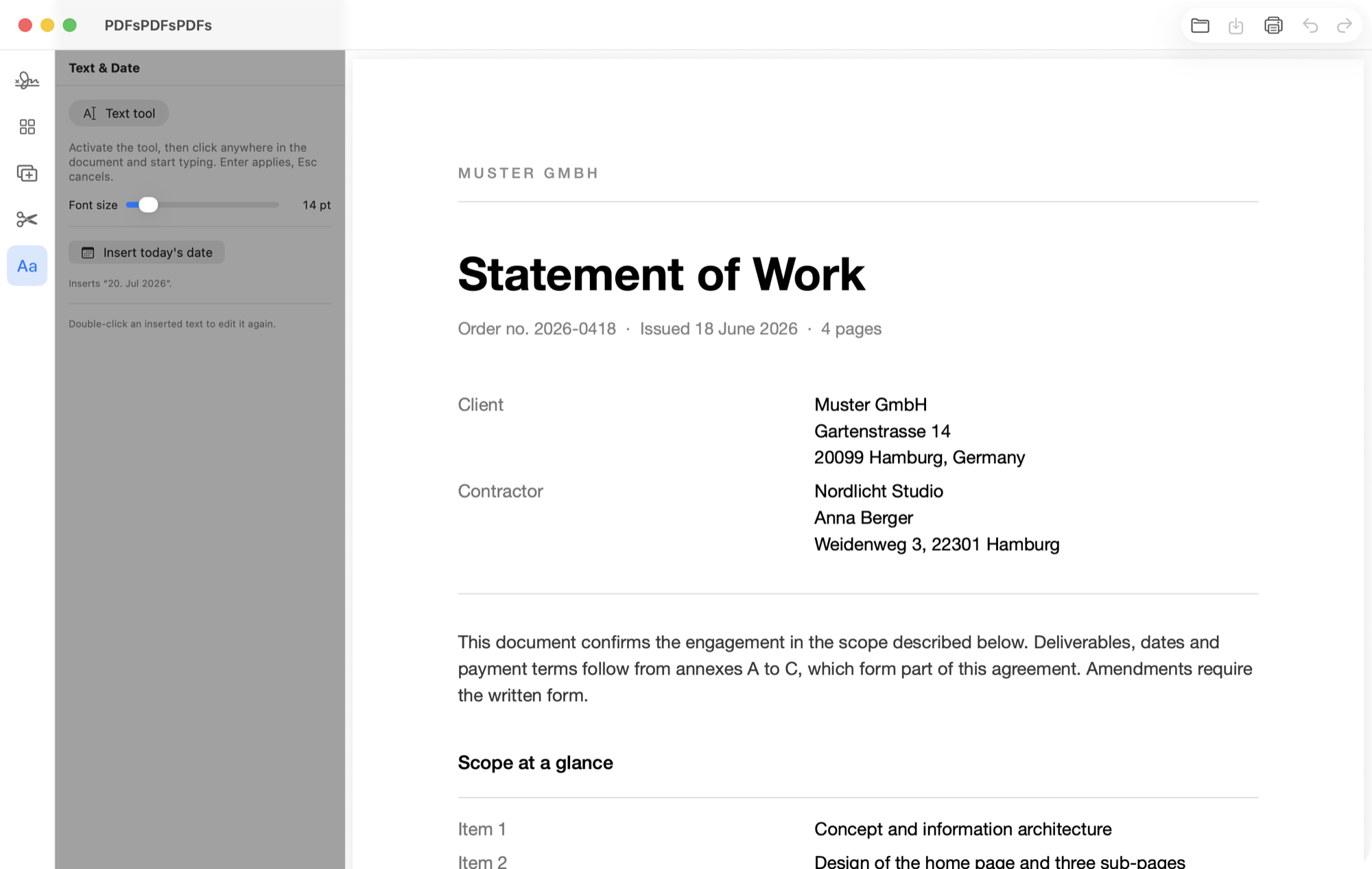 Text and date panel with an open document