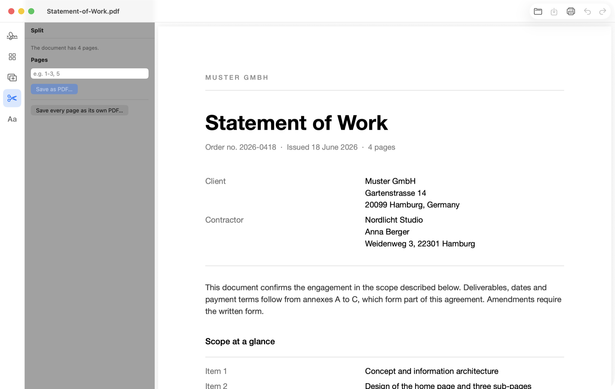 Split panel with the page range input